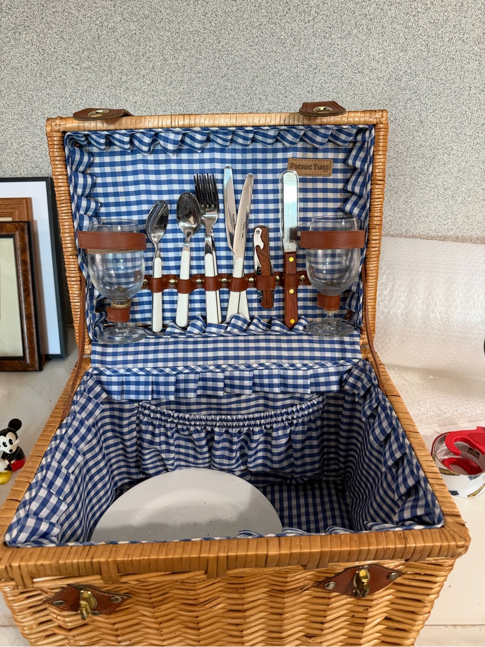 Wicker Picnic Basket with Blue Gingham Lining and Cutlery Set